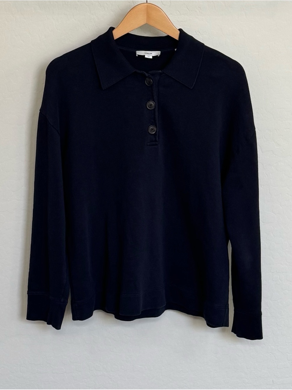 Vince Black 100% Cotton French Terry Long Sleeve Polo Pullover Sweatshirt L/G